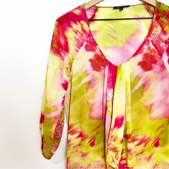 ANNE KLEIN WOMEN LARGE PINK GREEN LONG SLEEVE BLOUSE BRAND NEW 100% POLYESTER - Picture 2 of 5